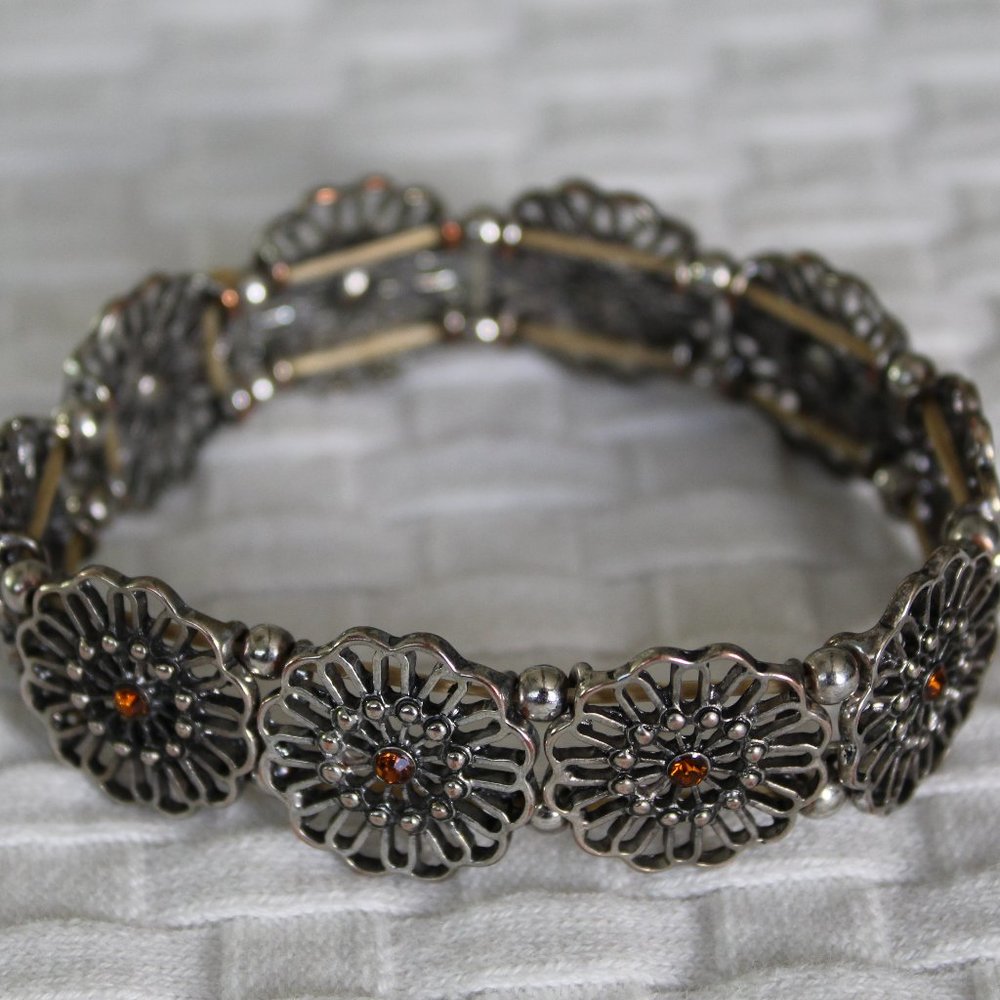 Antiqued Silver tone Amber Stone Stretch Bracelet
